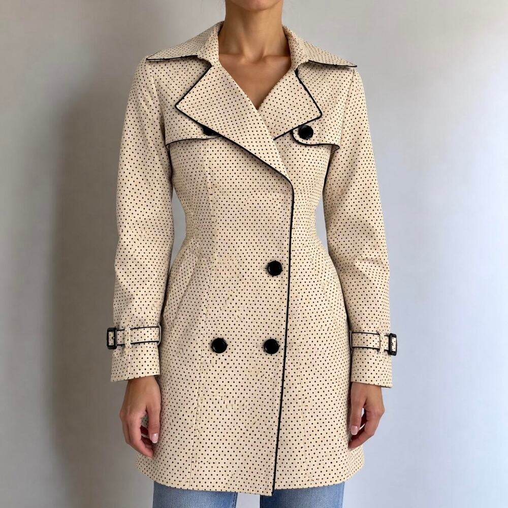 Vintage French Chic WHBM Polka Dot Tailored 60s Mod Style Trench Coat Size XXS